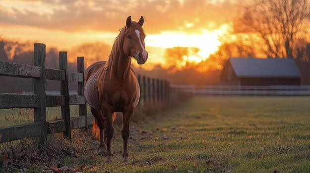 A chestnut horse standing by a fence at golden sunset