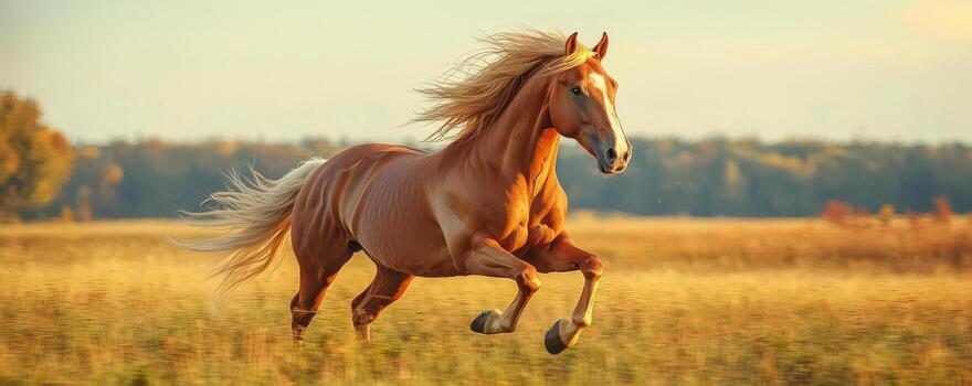A golden horse galloping powerfully across the field