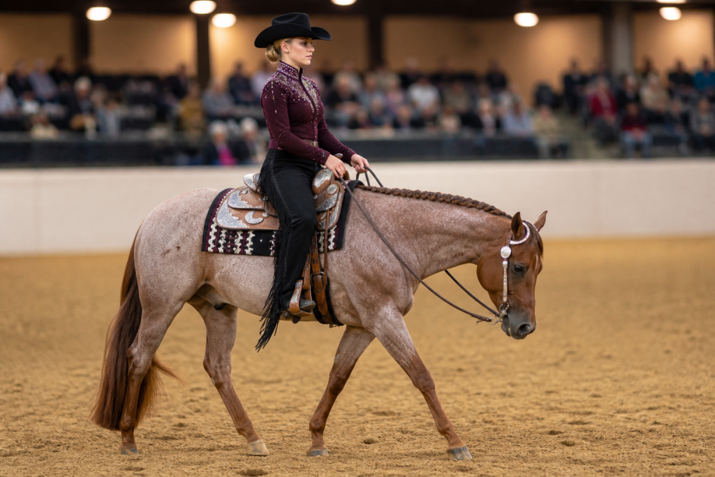 Katie Van Slyke rides the red roan mare Kennedy in a Western Pleasure show arena