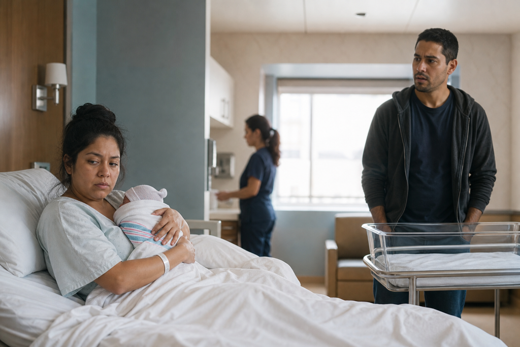 A mother holds her swaddled newborn in a hospital room while her husband stands apart in shock